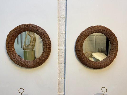 Italian Rattan Round Mirror, 1970s, Set of 2-FUE-1094420