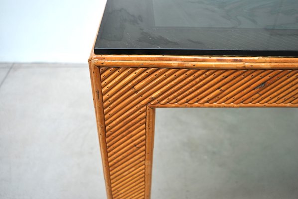 Italian Rattan & Smoked Glass Table, 1970s-JQO-906302