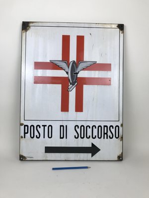 Italian Rectangular Enameled Metal Railway Emergency Care Sign, 1950s-YNA-656562