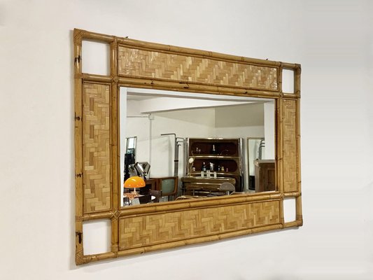 Italian Rectangular Mirror with Bamboo, Rattan and Wicker Structure, 1970s-JDR-1126140