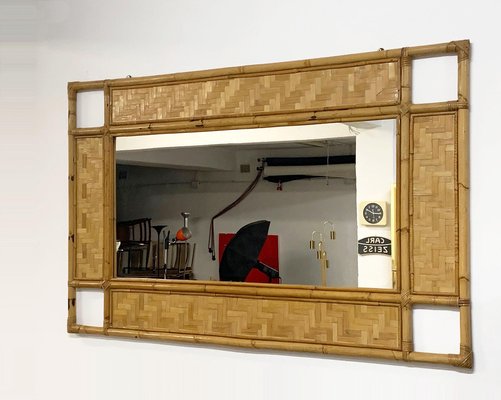 Italian Rectangular Mirror with Bamboo, Rattan and Wicker Structure, 1970s-JDR-1126140