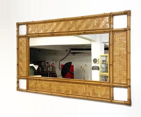 Italian Rectangular Mirror with Bamboo, Rattan and Wicker Structure, 1970s-JDR-1126140