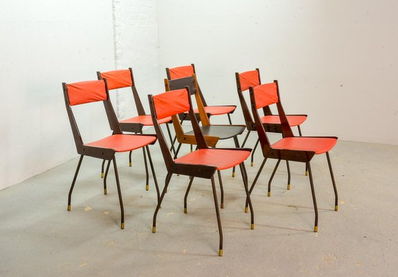 Italian Red Leatherette Dining Chairs by Gianfranco Frattini for R&B, 1950s, Set of 6-IXC-892915