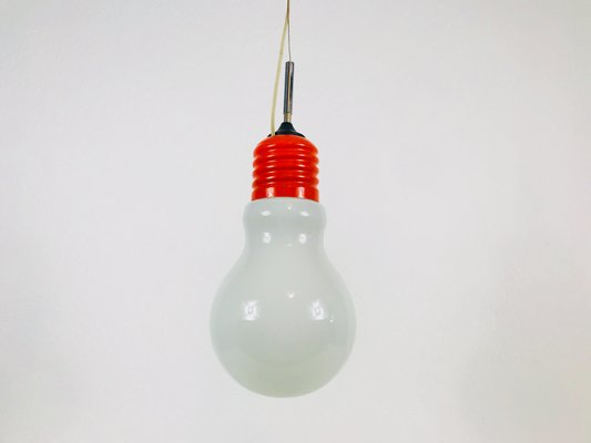 Italian Red Metal and Opaline Glass Ceiling Lamp, 1970s-PUK-555406