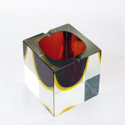 Italian Red Sommerso Murano Glass Block Ashtray attributed to Flavi Poli for Seguso, 1960s-MH-1817114