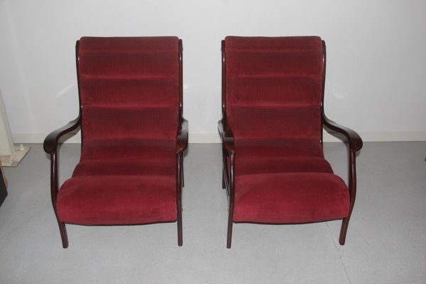 Italian Red Velvet and Walnut Lounge Chairs from Arredamenti Corallo, 1950s, Set of 2-EH-727326