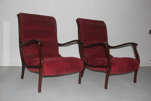 Italian Red Velvet and Walnut Lounge Chairs from Arredamenti Corallo, 1950s, Set of 2-EH-727326