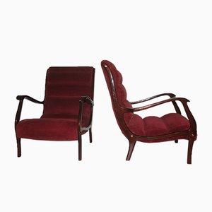 Italian Red Velvet and Walnut Lounge Chairs from Arredamenti Corallo, 1950s, Set of 2-EH-727326