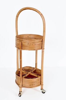 Italian Red Velvet, Bamboo & Rattan Bar Trolley, 1960s-JDR-1125969