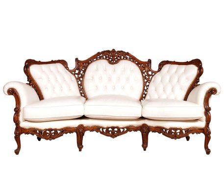 Italian Rococo Hand Carved Walnut and Leather Sofa and Armchairs Set from Atelier Cadorin, 1930s, Set of 3-NJV-709363