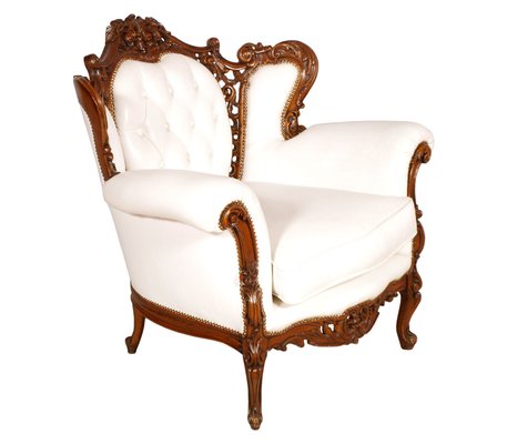 Italian Rococo Hand Carved Walnut and Leather Sofa and Armchairs Set from Atelier Cadorin, 1930s, Set of 3-NJV-709363