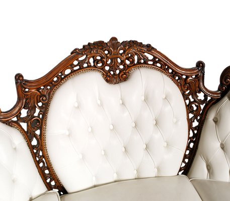 Italian Rococo Hand Carved Walnut and Leather Sofa and Armchairs Set from Atelier Cadorin, 1930s, Set of 3-NJV-709363