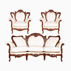 Italian Rococo Hand Carved Walnut and Leather Sofa and Armchairs Set from Atelier Cadorin, 1930s, Set of 3-NJV-709363