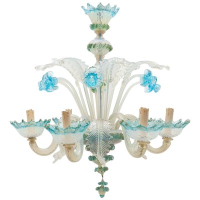 Italian Romantic Murano Blue Opal Glass Chandelier from Compagnia Di Venezia E Murano (C.V.M.), 1950s-KL-625303