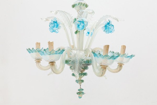 Italian Romantic Murano Blue Opal Glass Chandelier from Compagnia Di Venezia E Murano (C.V.M.), 1950s-KL-625303