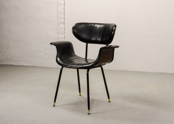 Italian Rosewood & Black Leatherette Swan Chair with Black Steel Feet & Brass Tips, 1960s-IXC-892896