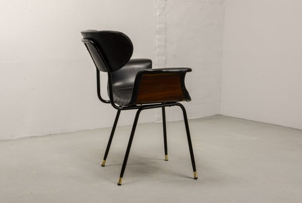 Italian Rosewood & Black Leatherette Swan Chair with Black Steel Feet & Brass Tips, 1960s-IXC-892896