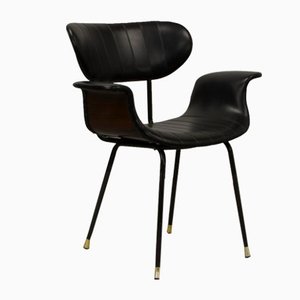 Italian Rosewood & Black Leatherette Swan Chair with Black Steel Feet & Brass Tips, 1960s-IXC-892896