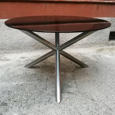 Italian Round Smoked Glass and Chromed Steel Dining Table, 1970s-GDD-1096854