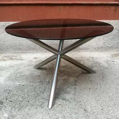 Italian Round Smoked Glass and Chromed Steel Dining Table, 1970s-GDD-1096854