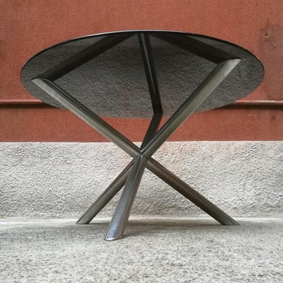 Italian Round Smoked Glass and Chromed Steel Dining Table, 1970s-GDD-1096854