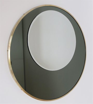 Italian Round Wall Mirror with Double Glass in Olive Green and Brass Frame, 1970s-VNE-966081