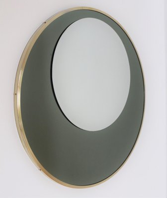 Italian Round Wall Mirror with Double Glass in Olive Green and Brass Frame, 1970s-VNE-966081