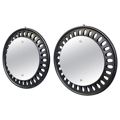 Italian Round Wall Mirrors in Black Wood, 1950s, Set of 2-GDD-1817215