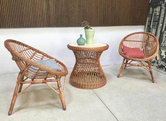 Italian Round Wicker Side Table with Resopal Top, 1950s-JP-762322