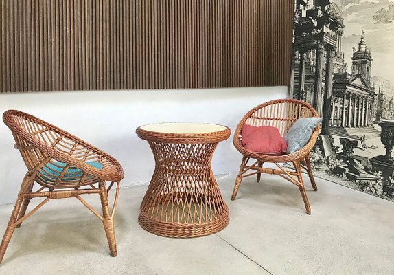 Italian Round Wicker Side Table with Resopal Top, 1950s-JP-762322