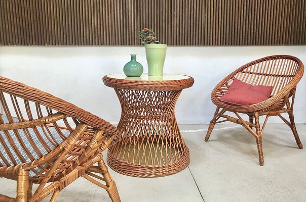 Italian Round Wicker Side Table with Resopal Top, 1950s-JP-762322