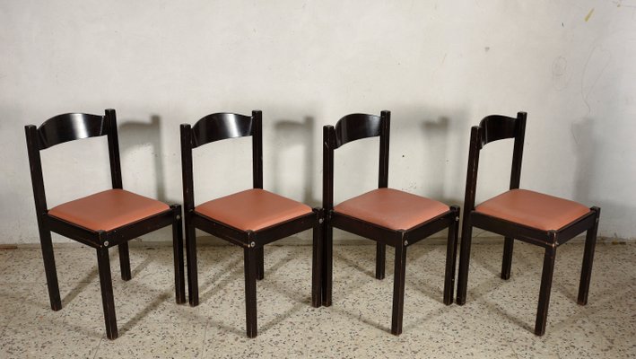 Italian Salmon Leatherette and Dark Wood Dining Chairs, 1980s, Set of 4-RAQ-674480