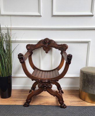 Italian Savonarola Chair in Carved Walnut, 1900-EUP-1437158