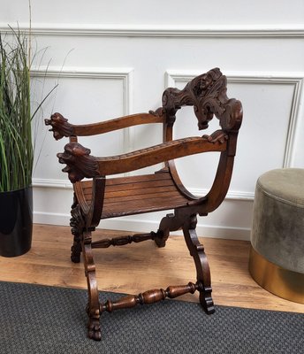 Italian Savonarola Chair in Carved Walnut, 1900-EUP-1437158