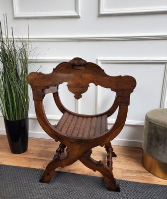 Italian Savonarola Chair in Carved Walnut, 1900-EUP-1437158