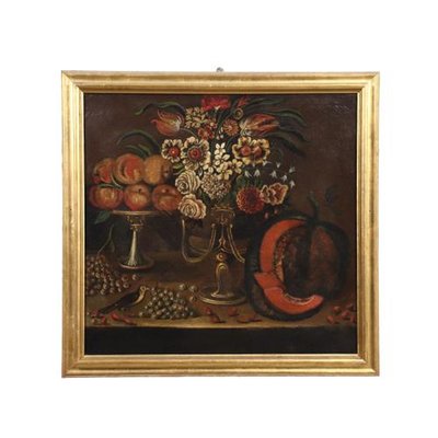 Italian School Artist, Still Life with Flowers, Fruit and Goldfinch, 1700s, Oil on Canvas, Framed-VMM-1389046