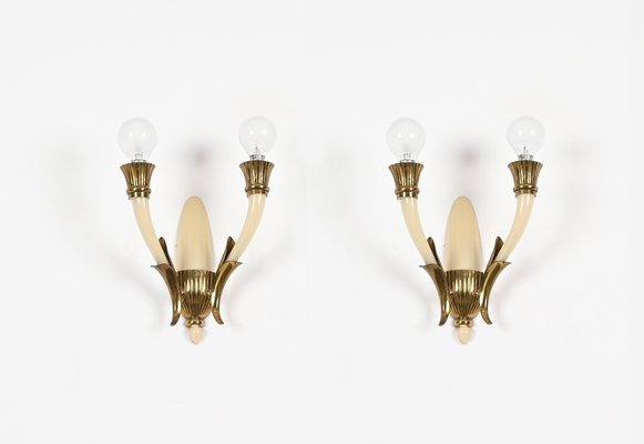 Italian Sconces in Ivory Murano Glass and Brass by Ulrich, Italy, 1940s, Set of 2-JDR-1799931