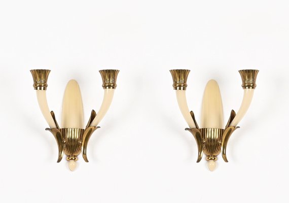 Italian Sconces in Ivory Murano Glass and Brass by Ulrich, Italy, 1940s, Set of 2-JDR-1799931