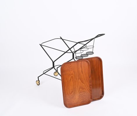 Italian Serving Bar Cart with Bottle Holder in Wood, Metal and Brass, Italy, 1960s-JDR-1790146