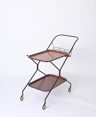 Italian Serving Bar Cart with Bottle Holder in Wood, Metal and Brass, Italy, 1960s-JDR-1790146