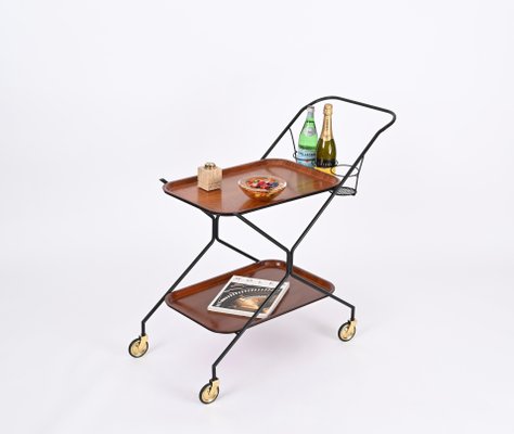 Italian Serving Bar Cart with Bottle Holder in Wood, Metal and Brass, Italy, 1960s-JDR-1790146