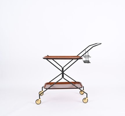 Italian Serving Bar Cart with Bottle Holder in Wood, Metal and Brass, Italy, 1960s-JDR-1790146