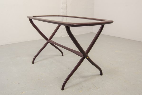 Italian Side Table with Wooden Scissor Frame & Glass Top, 1950s-IXC-892900