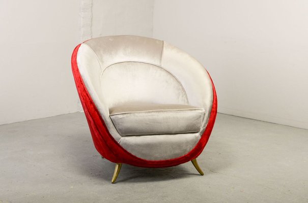 Italian Silver & Cherry Red Velvet Lounge Chair with Brass Feet by Guglielmo Veronesi for ISA Bergamo, 1950s-IXC-895905