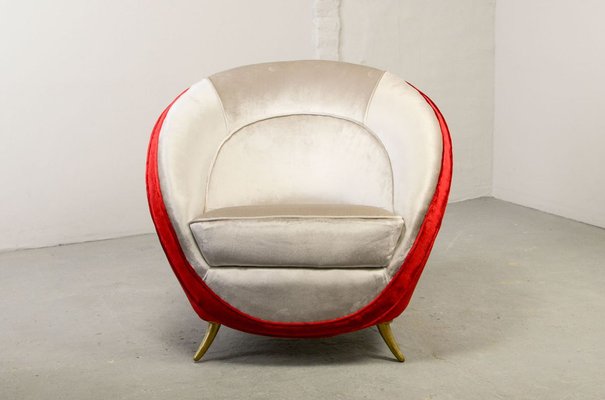 Italian Silver & Cherry Red Velvet Lounge Chair with Brass Feet by Guglielmo Veronesi for ISA Bergamo, 1950s-IXC-895905