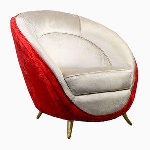 Italian Silver & Cherry Red Velvet Lounge Chair with Brass Feet by Guglielmo Veronesi for ISA Bergamo, 1950s-IXC-895905