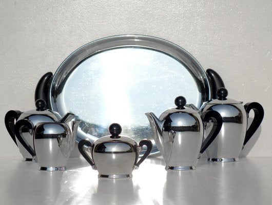 Italian Silver Metal Tea and Coffee Set by Bombè Carlo Alessi, 1945, Set of 6-KGD-1298511