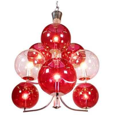 Italian Silver-Plated Sputnik Chandelier with Cranberry Murano Glass Globes, 1960s-DEK-932724