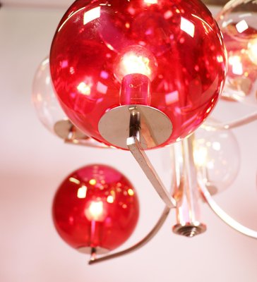 Italian Silver-Plated Sputnik Chandelier with Cranberry Murano Glass Globes, 1960s-DEK-932724