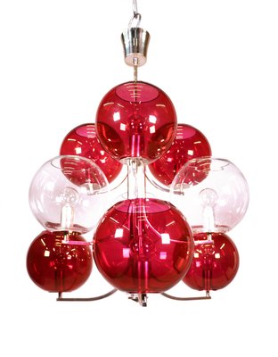 Italian Silver-Plated Sputnik Chandelier with Cranberry Murano Glass Globes, 1960s-DEK-932724